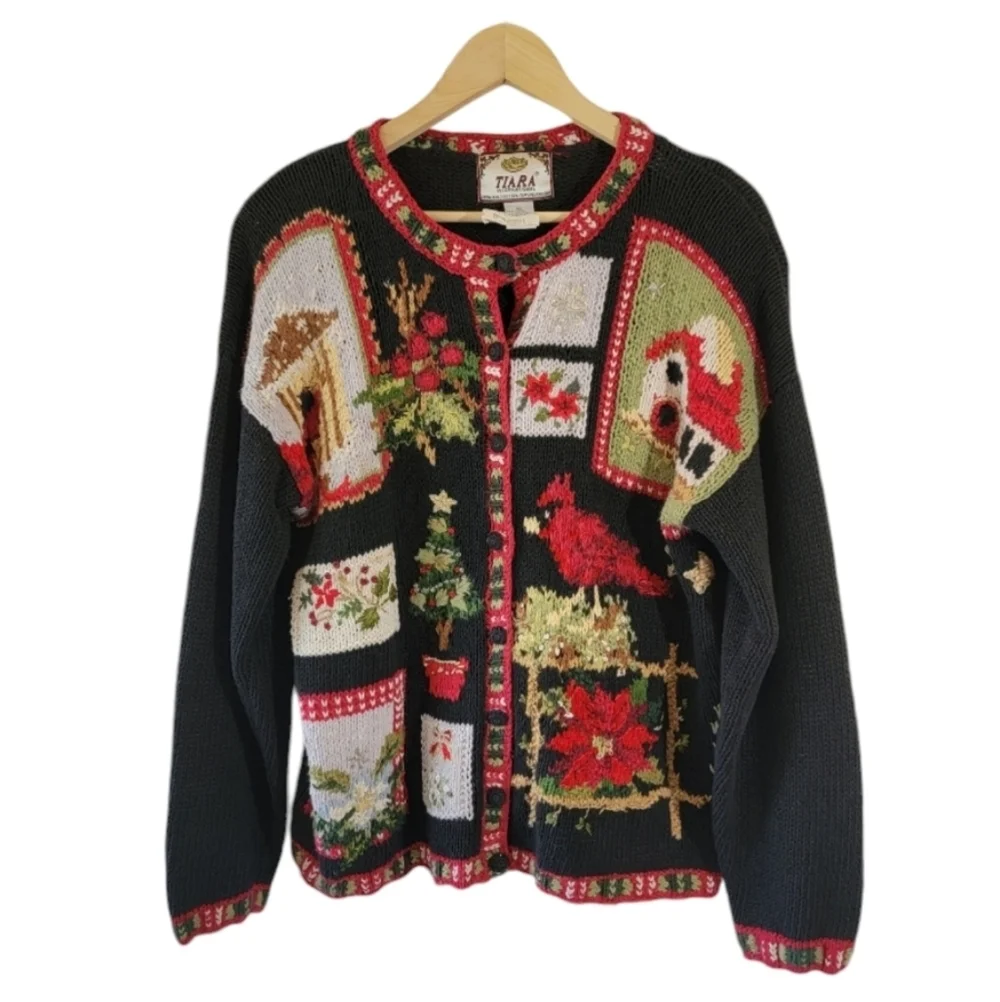 VTG TIARA 3-D Knit Ugly Sweater Cardigan Sz L Cottagecore Heavy Knit Home Trees